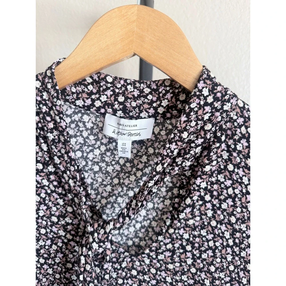 & Other Stories Paris Atelier Floral Tie Neck Mini Dress Black Pink Size 6